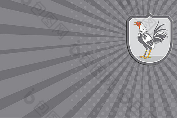 名片展示了一只公鸡面朝侧面站在盾徽内的插图，以复古风格在孤立的背景上完成。