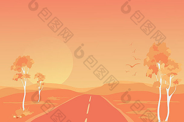 插图澳大利亚内地景观日落桉树树孤独的路运行山