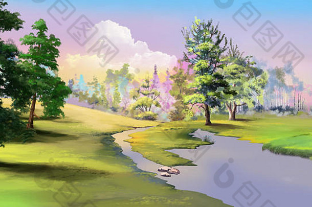 秋天的小河景观。数字绘画背景、插图。