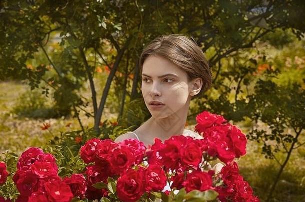 美丽的女孩春天盛开的红色的玫瑰花