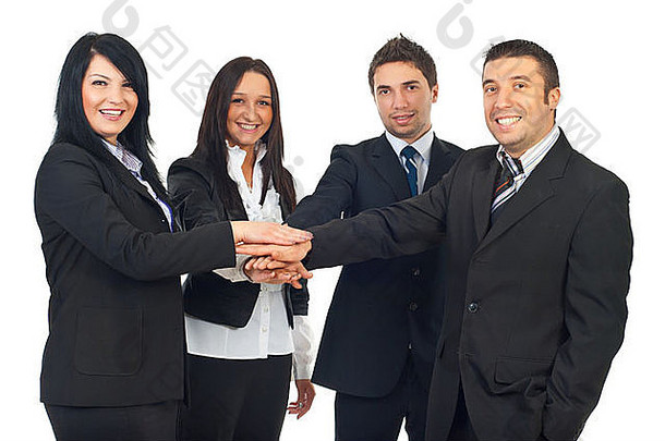 快乐联合集团（Happy united group）由<strong>四</strong>名身着正式服装的商务人士组成，他们的双手分别站在白色背景上