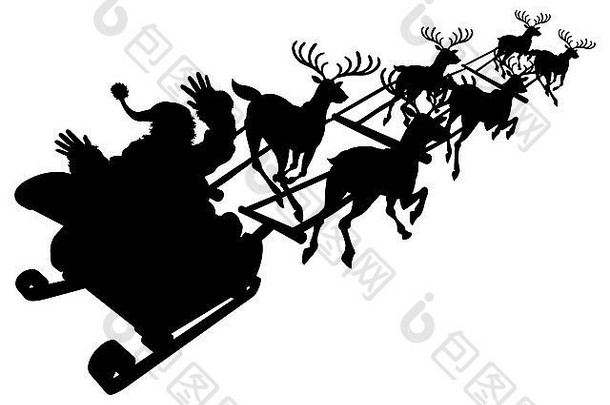 圣诞老人在他的圣诞雪橇或雪橇的剪影