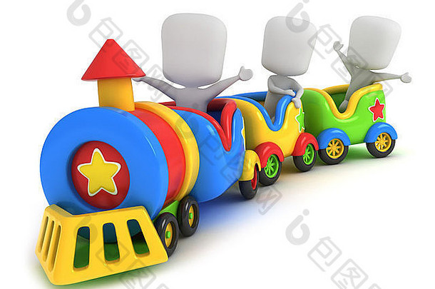 玩具<strong>火车</strong>上的孩子们的3D插图
