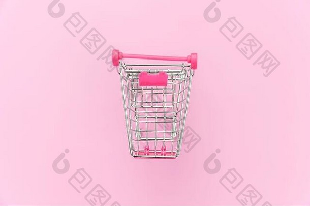 小超市杂货店推车购物玩具轮子孤立的粉红色的柔和的色彩斑斓的时尚的背景出售买购物中心市场商店消费者概念复制空间