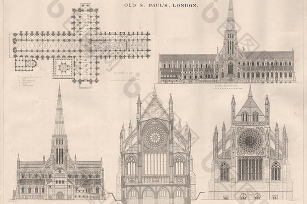 伦敦老圣保罗，古董印刷品1873