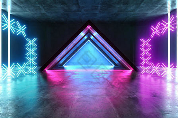 未来虚拟霓虹灯辉光紫蓝色三角形建筑舞台领奖台俱乐部黑夜激光科幻秀未来主义动感反射