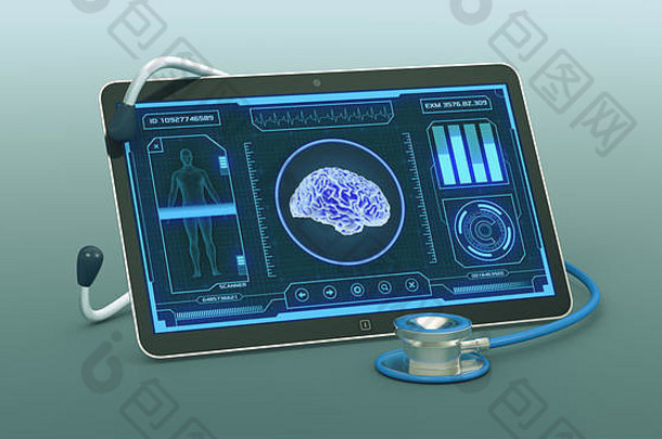 平板电脑未来主义的应用程序接口医疗科学目的人类大脑扫描仪渲染