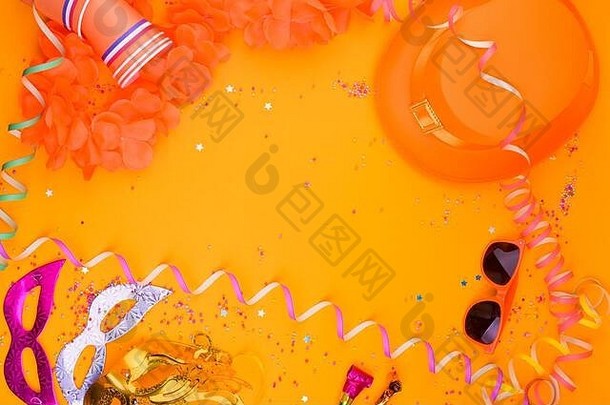 装饰传统的庆祝活动国王的一天荷兰橙色他眼镜珠宝五彩纸屑明亮的背景图片形式框架复制空间