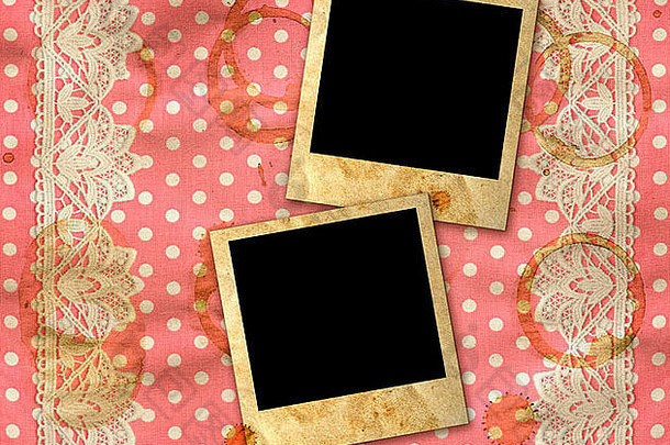 两个旧相框覆盖脏粉色白色圆点背景和蕾丝边框