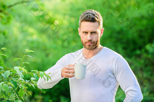 早餐点心<strong>时间</strong>生态生活男人。男人。绿色森林喝茶户外男人。杯茶早....咖啡健康的生活方式自然健康享受不错的早....
