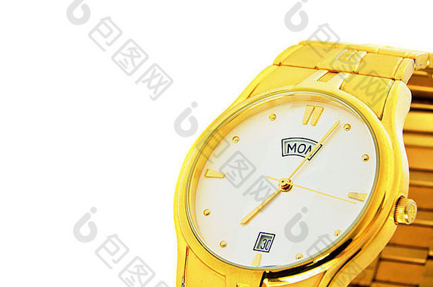 一款优雅时尚的金色男士腕表，独立于白色背景之上