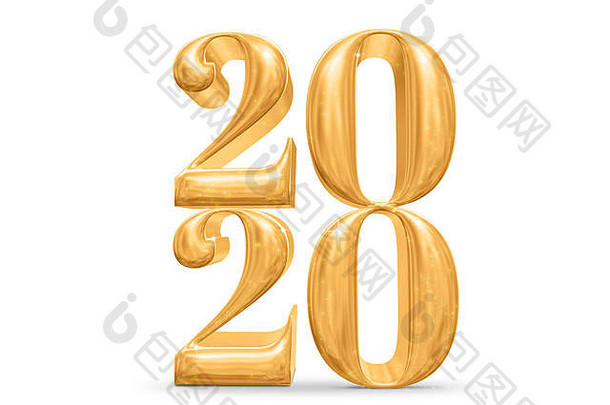 2020年新年快乐金色数字（3d渲染）白色工作室房间，节日卡。