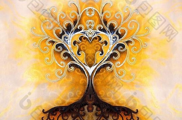 结构装饰背景上的生命之树符号，yggdrasil。