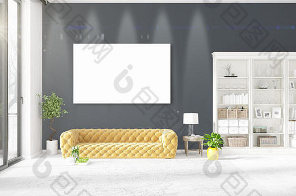 黄色沙发、垂直空框和水平布局的文案空间，时尚的现代室内设计。三维渲染。