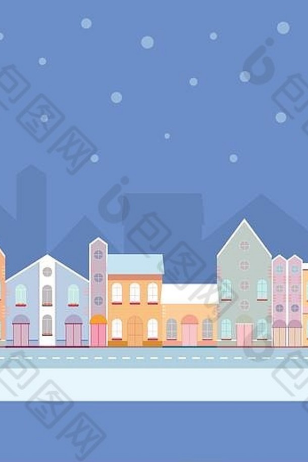 房子建筑首页无缝的背景模式街视图小城市小镇路冬天时间下雪