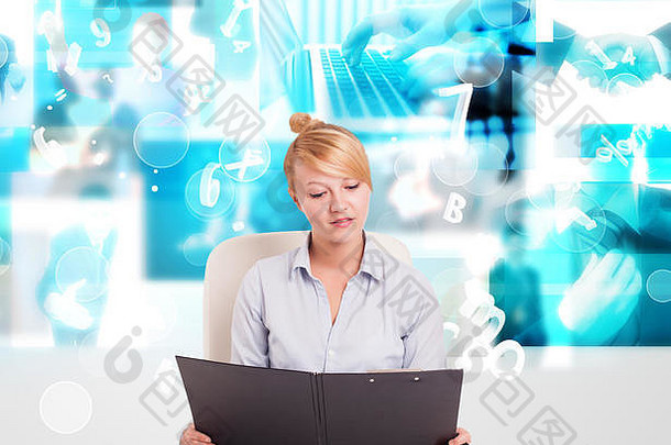 业务人桌子上现代蓝色的科技图片背景
