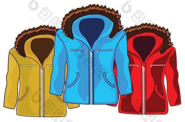 三件颜色各异的冬季男式夹克