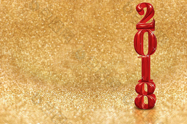 <strong>2018</strong>年新年快乐（3d渲染）金色闪烁的房间背景为红色，新年贺卡为圣诞贺卡，为添加yo留出空间