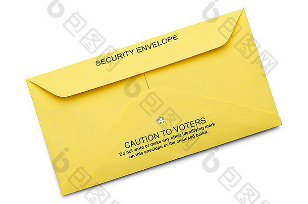 隔离在白色背景上的黄色安全投票信封。