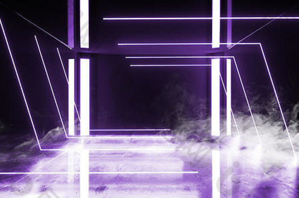 烟虚拟光滑的现代未来主义的sci黑暗难看的东西混凝土房间紫色的紫罗兰色的发光的激光霓虹灯管灯空反光阉割过的雄鹿