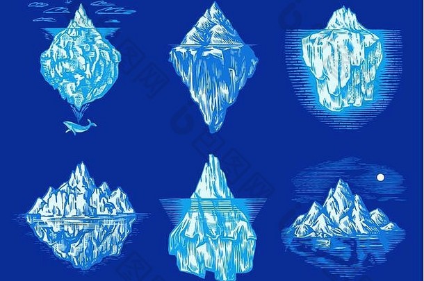 海洋中的冰山。漂浮在北方水中的一大块高山冰川。雕刻手绘古董草图，用于徽标、web徽标