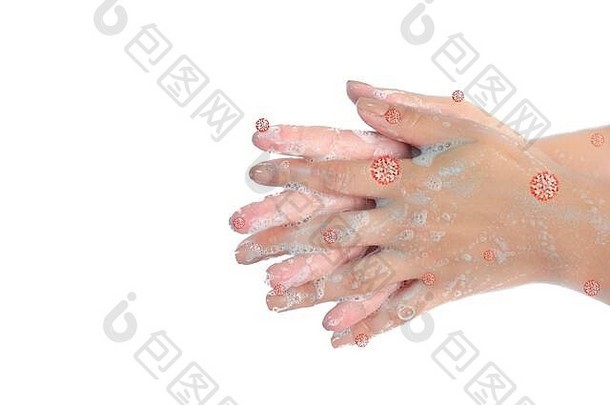 用白色背景上分离的带有红色冠状病毒的肥皂洗手的特写镜头。冠状病毒预防手卫生。冠状病毒大流行