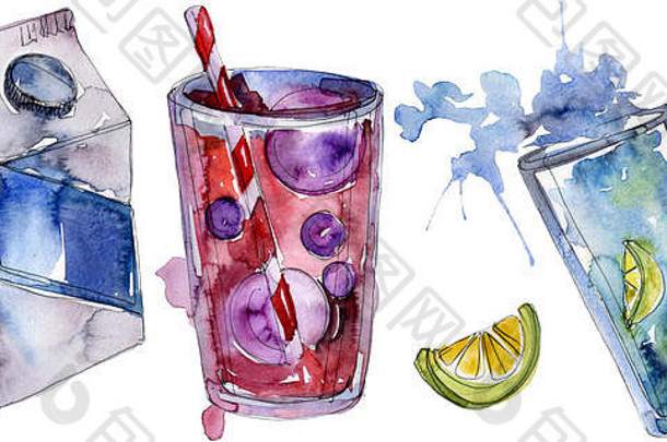 新鲜的冷软饮料水彩背景插图集孤立的饮料插图元素