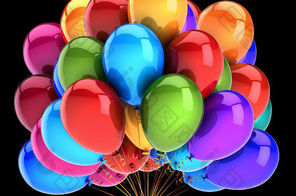 七彩氦气球束，生日快乐派对装饰五彩。<strong>周年庆</strong>祝贺卡。黑色的3d插图