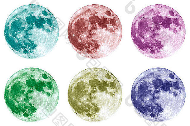六种不同颜色的满月拼贴在白色背景上。拍摄的高对比度、高分辨率图像