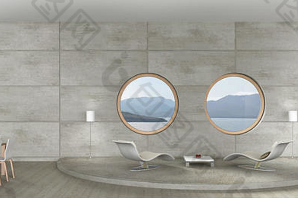 呈现“先锋体系结构生活房间室内公平面对混凝土墙视图海轮窗户