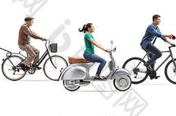 人类型运输骑自行车摩托车踏板车滑板孤立的白色背景