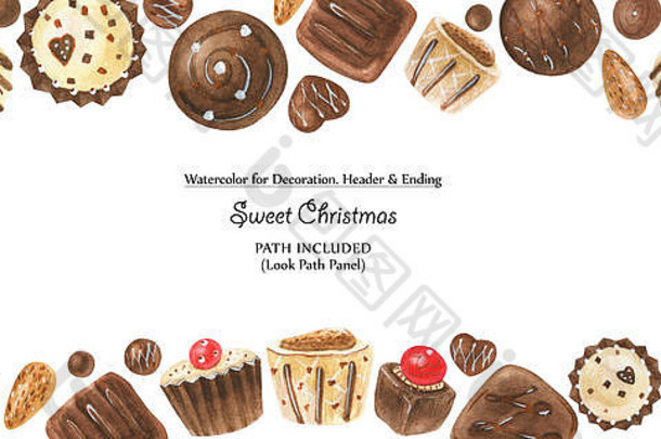 浪漫的巧克力糖果框架。水彩插图，包括路径