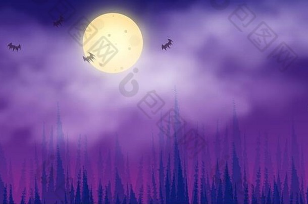 大月亮和多云的黑暗中的背景森林