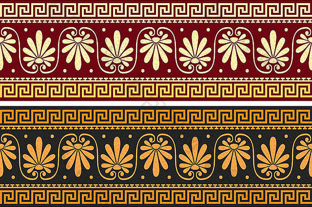 镶有复古金蓝色希腊装饰（曲流）和花卉图案的雕带，背景为红色和黑色