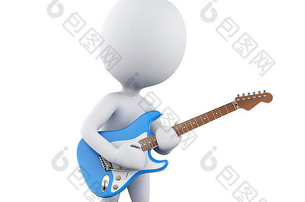 三维图像。白人弹电吉他。孤立白色背景
