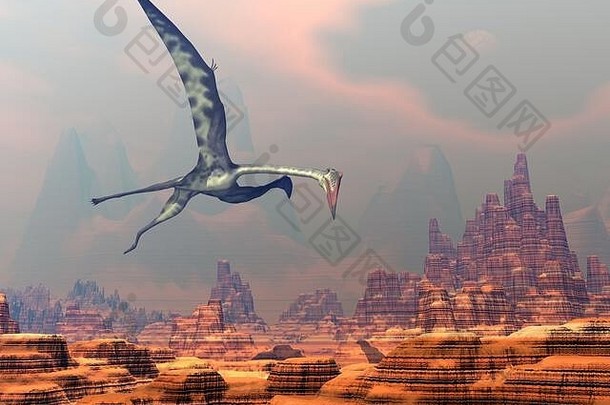 格扎尔库特鲁斯在日落时飞越峡谷-3D渲染
