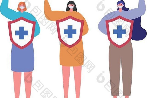 妇女戴着面具和盾牌，戴着十字架，设计了抗击新冠病毒和阻止传播的主题载体插图