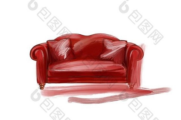 白色背景上一张红色古典沙发的手绘草图