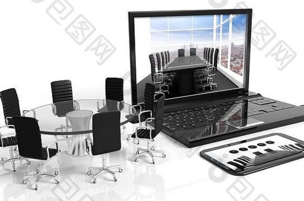 平板电脑、笔记本电脑和带椅子的圆形玻璃会议桌，隔离在白色背景上。