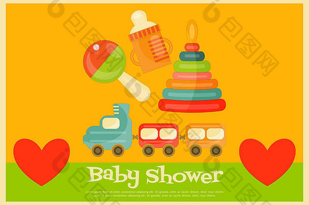 婴儿淋浴卡孩子们玩具黄色的背景插图