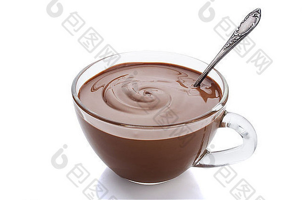 一杯热巧克力，白色背景，反光