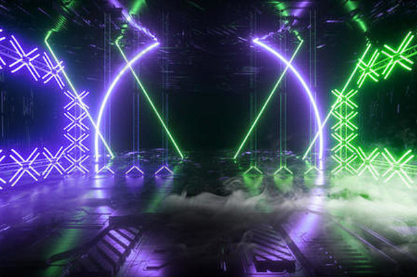 烟sci现代未来主义的霓虹灯灯紫色的绿色发光混凝土列圆形状技术示意图芯片纹理反光黑暗隧道
