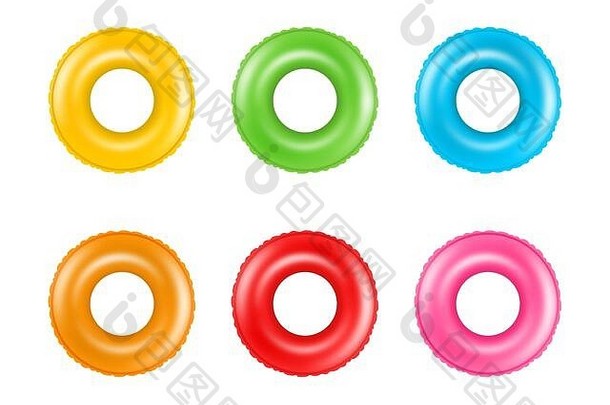 一套五颜六色的游泳环。收集充气橡胶圈。漂浮的夏日玩具。