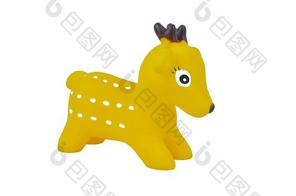 一种黄色的微型橡胶玩具，它是一只孤立在白色背景上的鹿