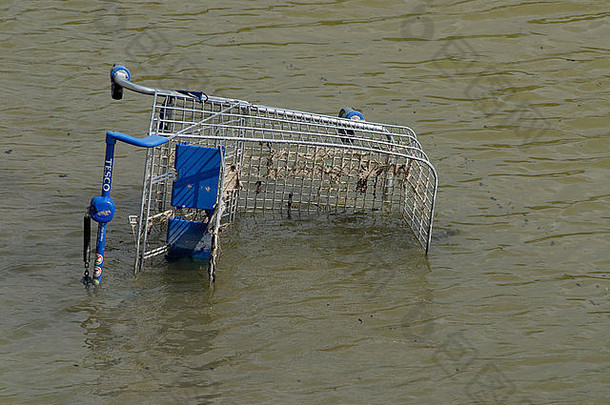 2006年7月6日，一辆超市手推车侧躺在英国谢佩岛一池浑浊的海水中