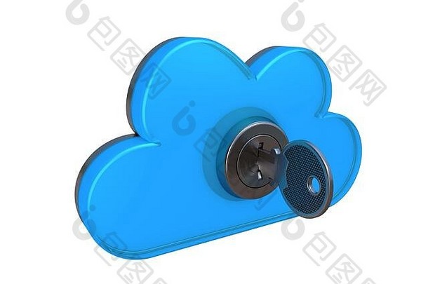 3D插图：远程数据存储的蓝色符号。云，钥匙在钥匙孔中，各种小工具提供可靠的信息存储。