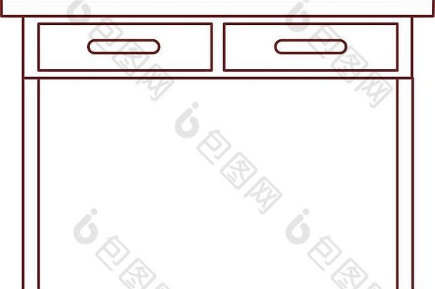 深<strong>红</strong>色轮廓的带抽屉的桌子正面视图