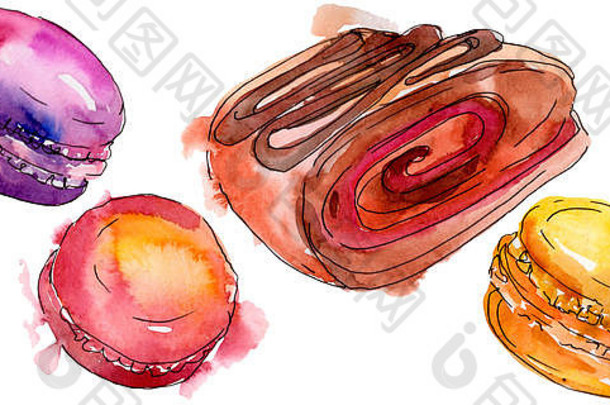 美味的蛋糕甜点水彩风格背景插图集水彩画画水瓶座孤立的
