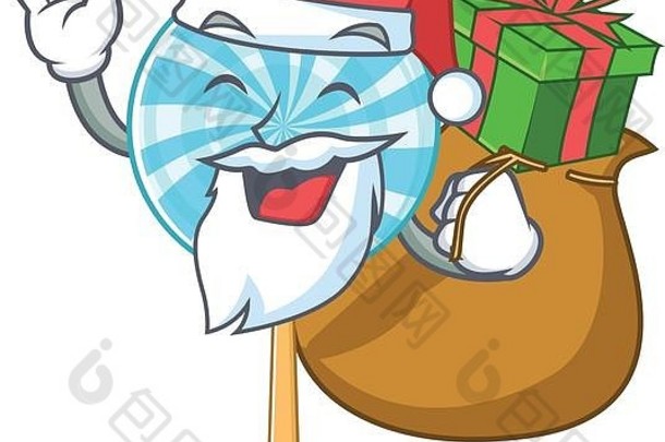 圣诞老人带礼物的吉祥物糖果篮中的棒棒糖