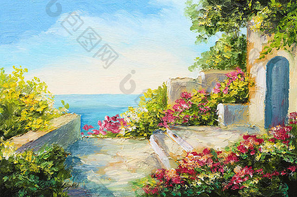 油画-海边的房子，五彩缤纷的花朵，夏日的海景